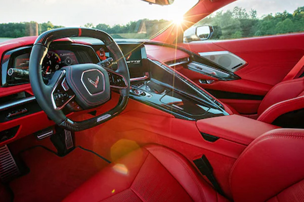 Interior of the 2023 Chevy Corvette Z06 showing the steering wheel and center console