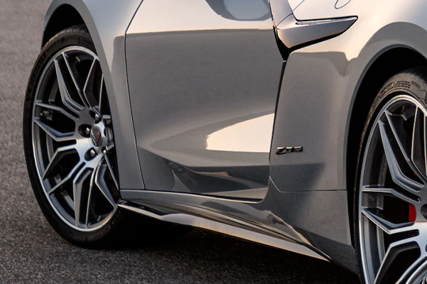 Side view of the 2023 Chevy Corvette Z06 showing the front and back wheels