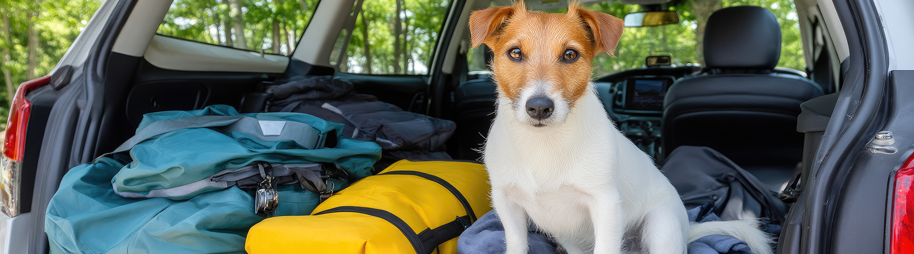 Jack russell terrier sits on camping blankets in an suv looking at a mountain view during summer travel
