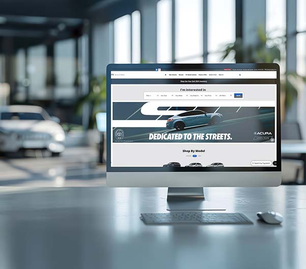 Computer monitor on an employees desk at a dealership with Acura of Athens website on the screen