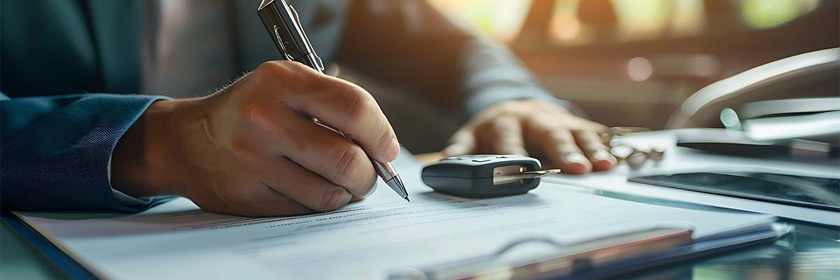 Zoomed in shot of a finance manager signing off on some paperwork in the dealership