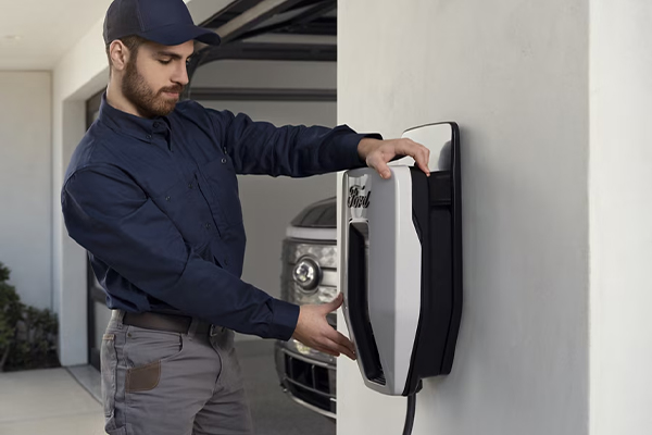 An installer mounting a Ford Charge Station Pro to a wall with a Ford F-150 Lightning® in the garage