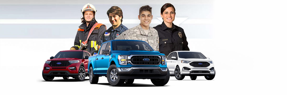 First responders standing behind Ford lineup