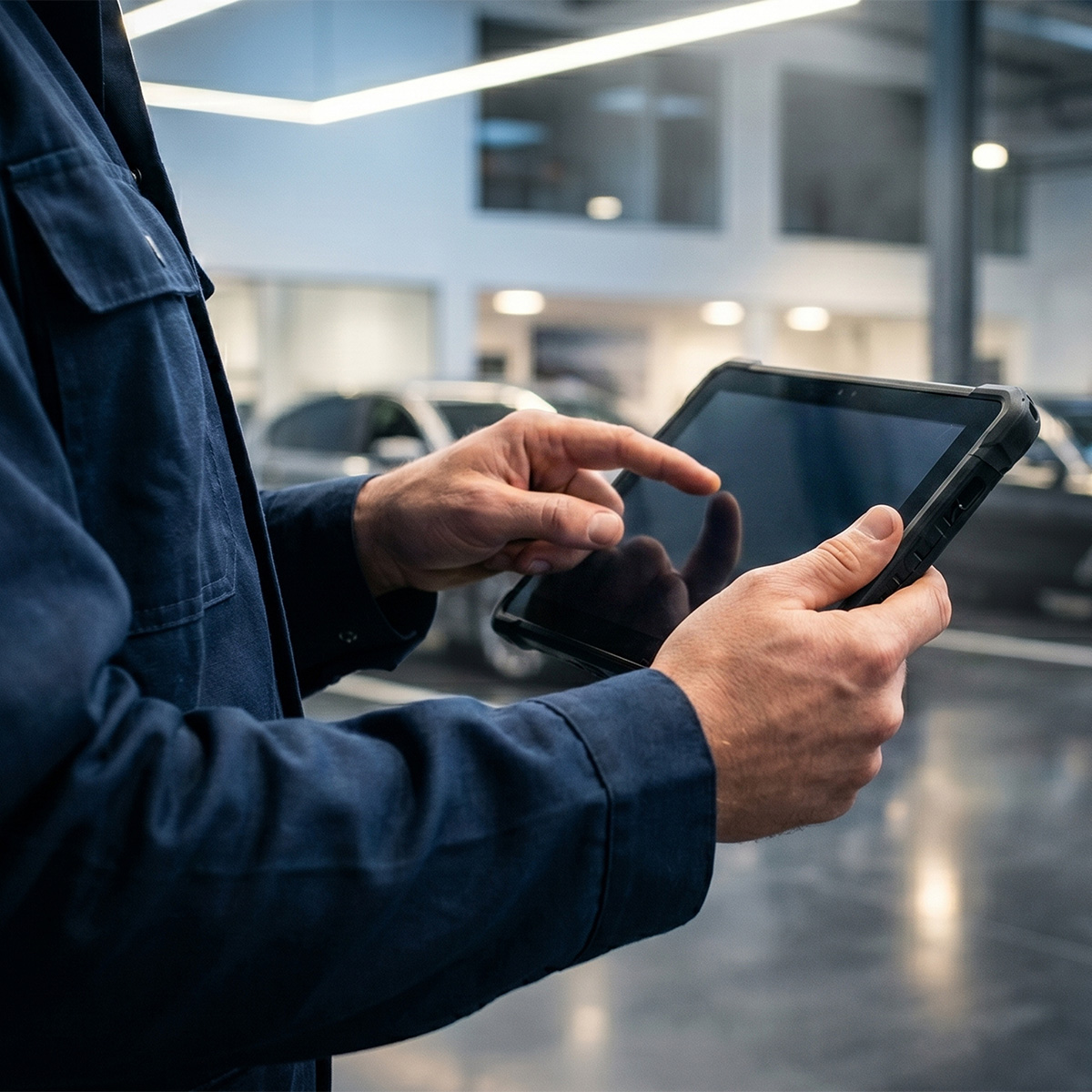 Technician using digital tablet for inspecting luxury cars in clean modern dealership showroom floor with bright overhead lighting and professional automotive business environment.