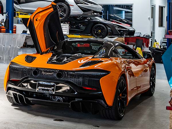 Rear view of a McLaren in the service bay