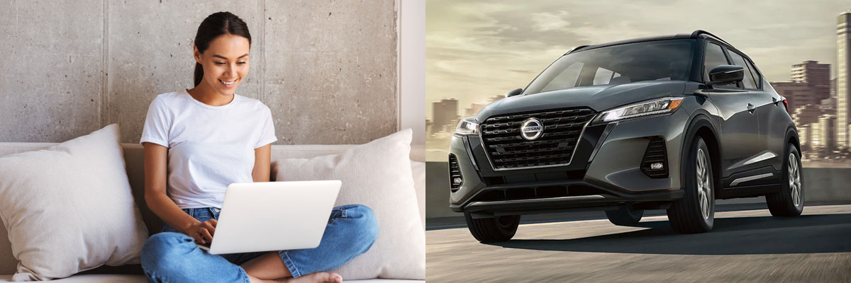 Happy customer sitting on couch and a Nissan rogue to the right