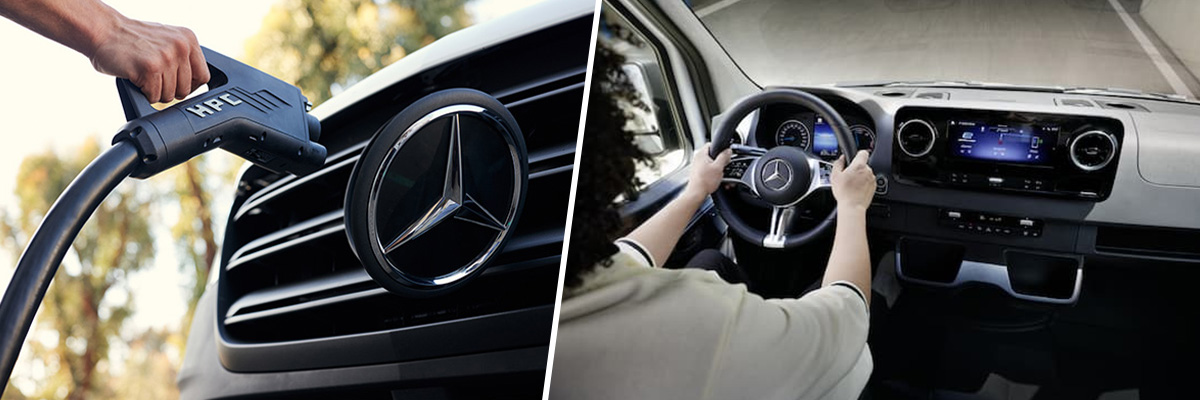 2024 Mercedes-Benz eSprinter charging and interior dashboard shot