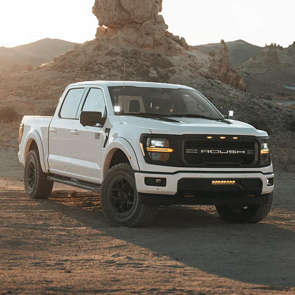 Front 3/4 shot of Roush F-150 parked on dirt