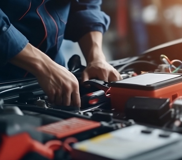 Technician working on engine bay of car