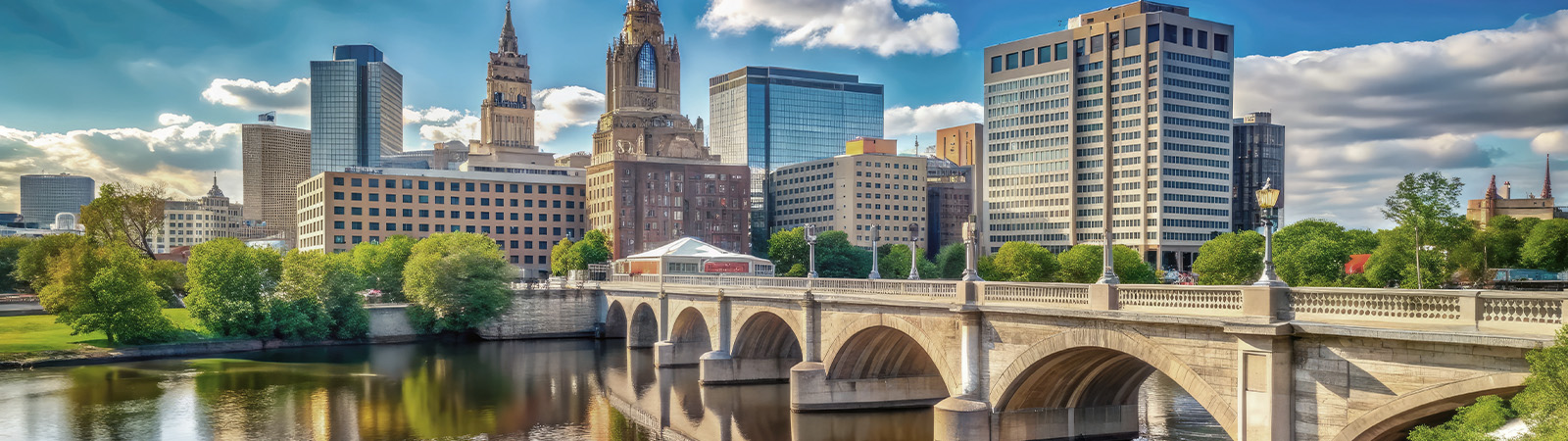 Sunny day view of Bulkeley Bridge connecting downtown Hartford to East Hartford, spanning the Connecticut River with cityscape in the background.