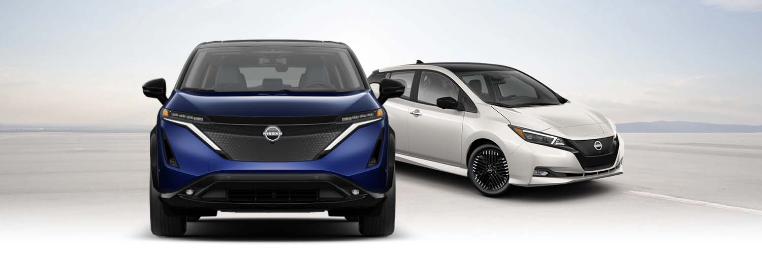 New Nissan LEAF and Nissan ARIYA on a parking lot background