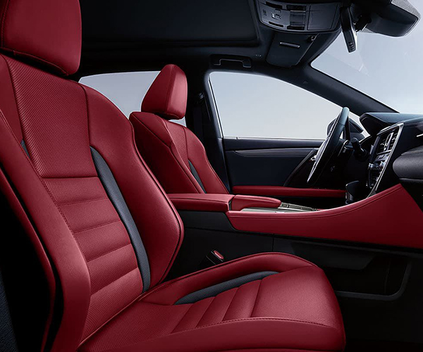 Interior of the Lexus RX F SPORT shown in Circuit Red.