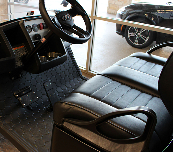 Steering wheel view of golf cart
