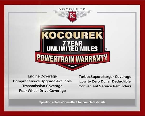 Kocourek Chevrolet 7 Year Unlimited Miles Powertrain Warranty badge with details about what's included