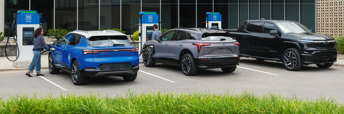 Lineup of Chevrolet Electric Vehicles charging