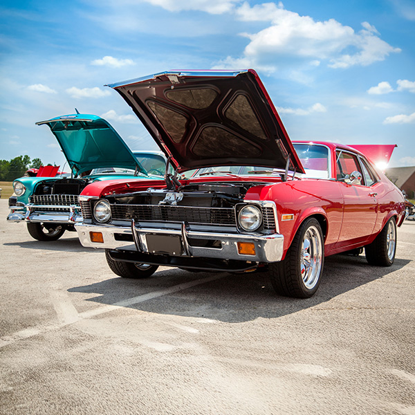 Two muscle cars parked outside with their hoods up